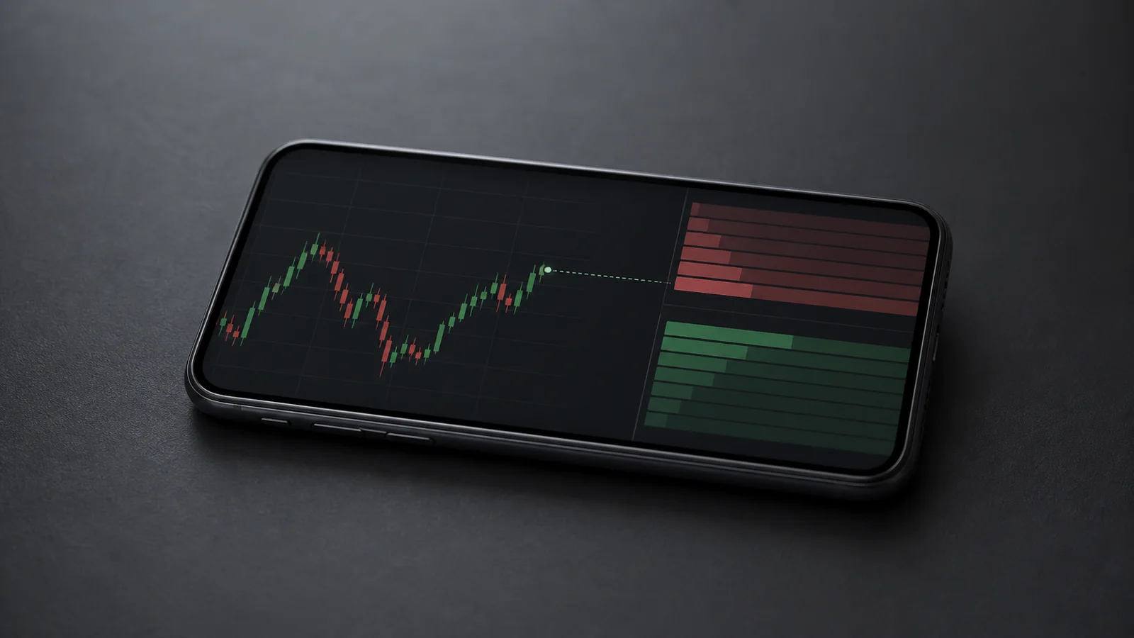 Экран торгового приложения с графиком цены и биржевым стаканом заявок