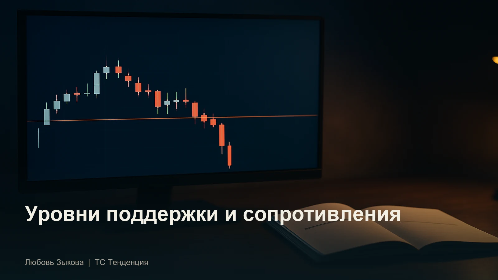 Свечной график на мониторе, горизонтальная линия уровня и пробой цены вниз